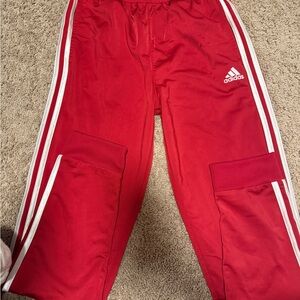 Adidas Kids Red Joggers with White Stripes